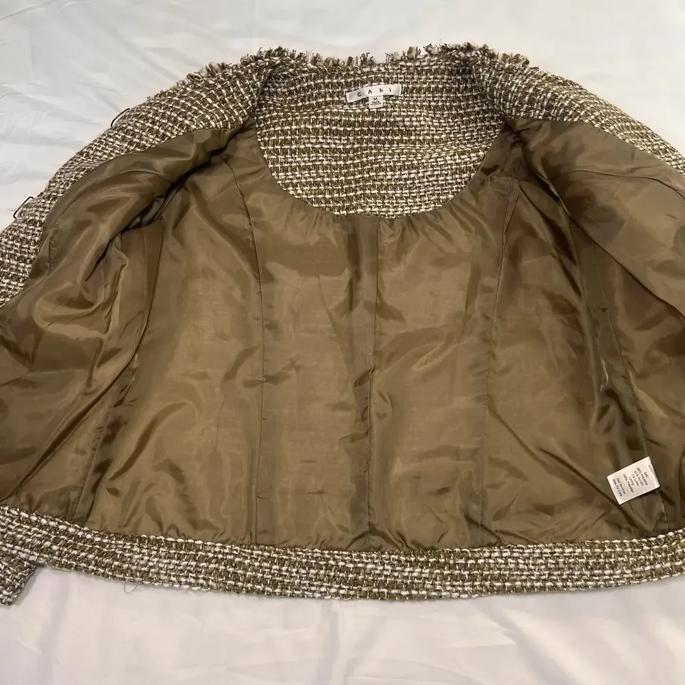Cabi Phoebe Jacket Size M Brown White Metallic Tweed Fringe Blazer Style 343